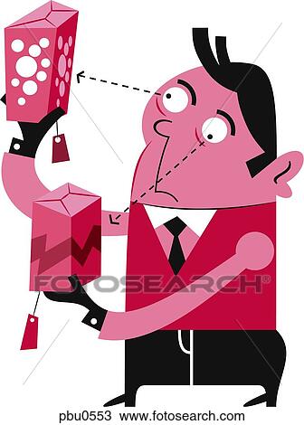 Illustration of a man looking at gift boxes View Large Illustration Drawing - Illustration of a man looking at gift boxes. Fotosearch