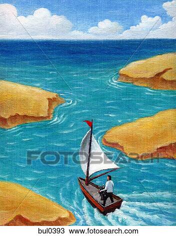 Illustration of a man sailing a boat View Large Illustration Drawing - Illustration of a man sailing a boat. Fotosearch