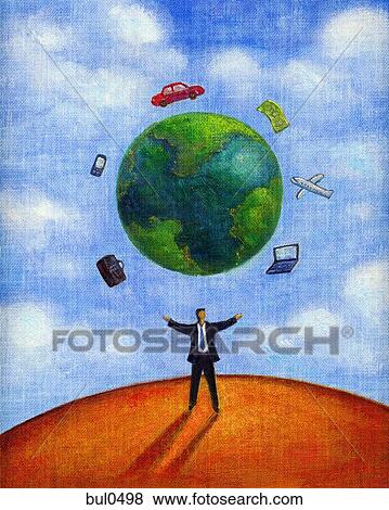 Illustration of a man standing under a globe and other objects View Large Illustration Stock Illustration - Illustration of a man standing under a globe and other objects. Fotosearch