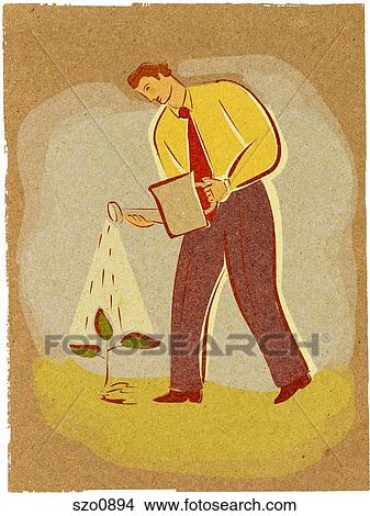 Stock Illustration - Illustration of a man watering a plant. Fotosearch