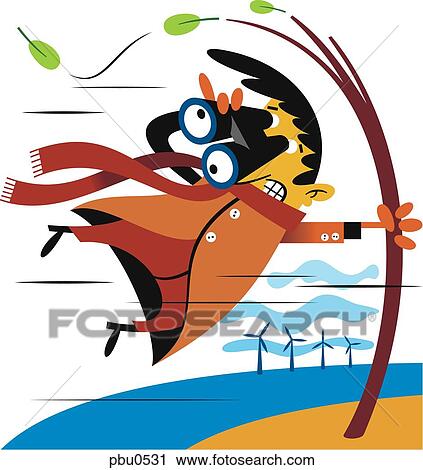 Clip Art - Illustration of a man with binoculars being blown by strong wind. Fotosearch