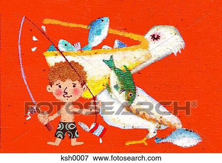 Illustration of a pelican with his bill full of fish and a young boy with a can on his fishing rod View Large Illustration Stock Illustration - Illustration of a pelican with his bill full of fish and a young boy with a can on his fishing rod. Fotosearch