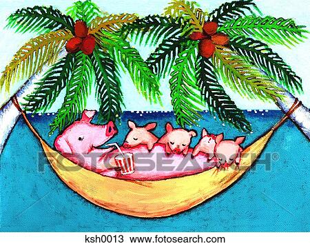 Drawing - Illustration of a pig and piglets resting in a hammock. Fotosearch