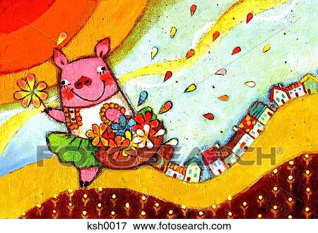 Illustration of a pig carrying a basket full of flowers View Large Illustration Stock Illustration - Illustration of a pig carrying a basket full of flowers. Fotosearch