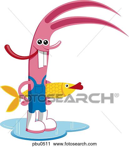 Clip Art - Illustration of a rabbit carrying a fish. Fotosearch