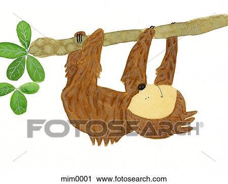 Illustration of a sloth hanging from a branch View Large Illustration Clip Art - Illustration of a sloth hanging from a branch. Fotosearch