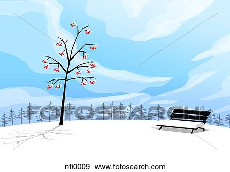 Stock Illustration - Illustration of a tree and a bench covered with snow. Fotosearch