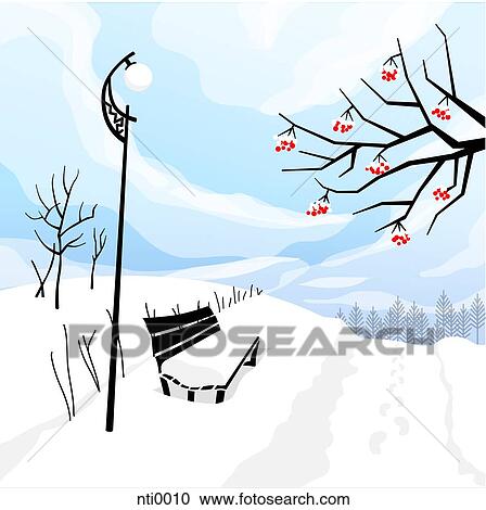 Clipart - Illustration of a winter image of a tree and bench. Fotosearch