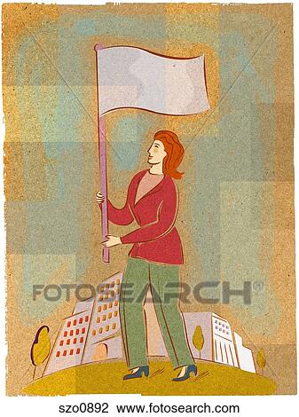 Drawing - Illustration of a woman carrying a flag. Fotosearch