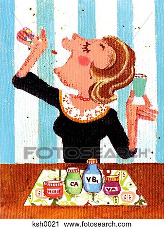 Illustration of a woman taking a range of vitamins View Large Illustration Clip Art - Illustration of a woman taking a range of vitamins. Fotosearch