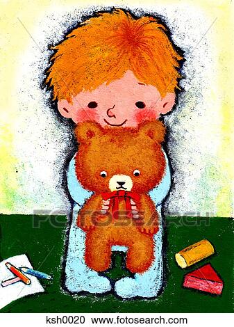 Illustration of a young boy holding a teddy bear View Large Illustration Clipart - Illustration of a young boy holding a teddy bear. Fotosearch
