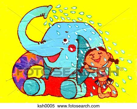 Illustration of an elephant spraying water for a young girl View Large Illustration Stock Illustration - Illustration of an elephant spraying water for a young girl. Fotosearch