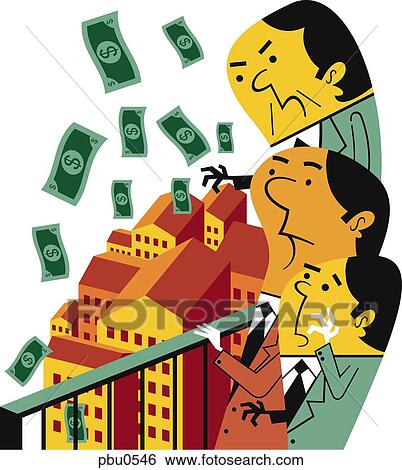 Stock Illustration - Illustration of businessmen throwing money from a balcony. Fotosearch