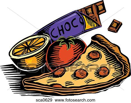 Stock Illustration - Illustration of chocolate, pizza, a tomato and an orange. Fotosearch