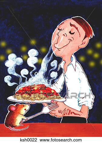 Drawing - Illustration of man smelling a large plate of spaghetti. Fotosearch