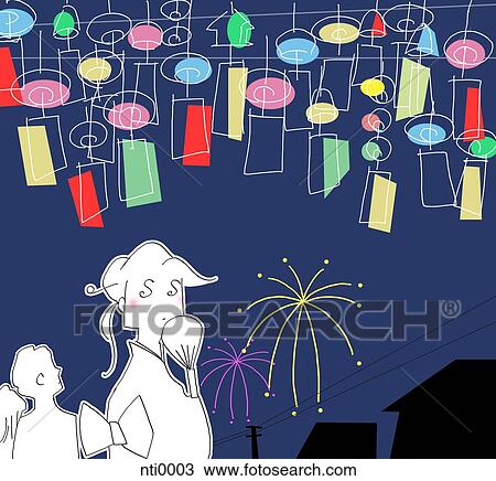 Illustration of people looking at the fireworks in the sky View Large Illustration Drawing - Illustration of people looking at the fireworks in the sky. Fotosearch
