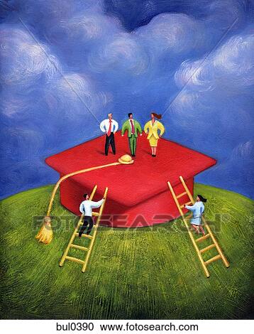 Clipart - Illustration of people standing on top of a graduation hat. Fotosearch
