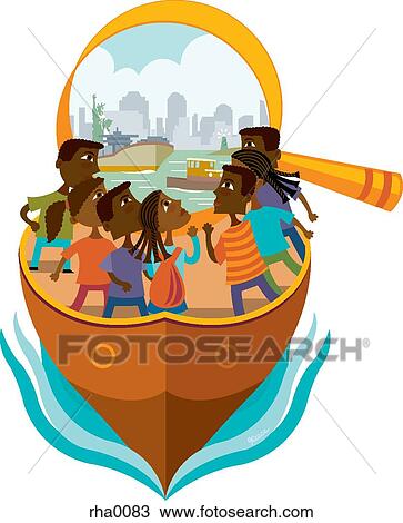 Drawing - Illustration of people traveling on a boat looking through a big magnifying glass. Fotosearch