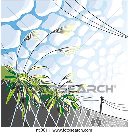 Clip Art - Illustration of the sky, power lines, and plants. Fotosearch