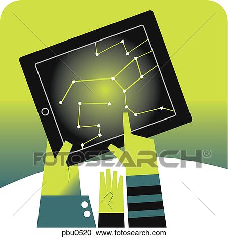 Clipart - Illustration of three hands working on a computer note pad. Fotosearch