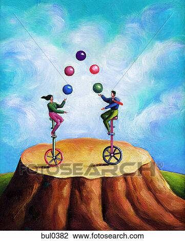 Illustration of two people juggling while on unicycles View Large Illustration Drawing - Illustration of two people juggling while on unicycles. Fotosearch