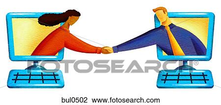 Drawing - Illustration of two people shaking hands from computer screens. Fotosearch