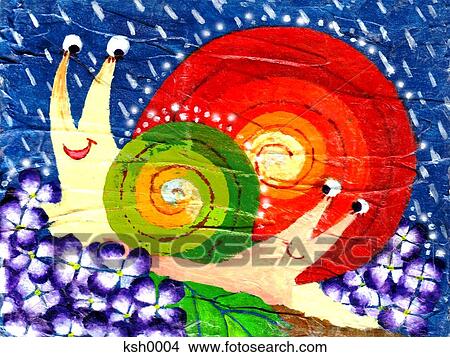 Stock Illustration - Illustration of two snails in the rain. Fotosearch