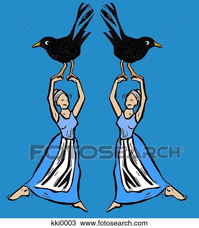 Drawing - Illustration of two women dancing with black birds perched on their hands. Fotosearch