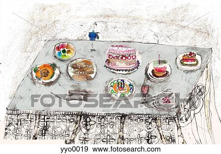 テーブル セット で パーティーの食物 イラスト Yyo0019 Fotosearch