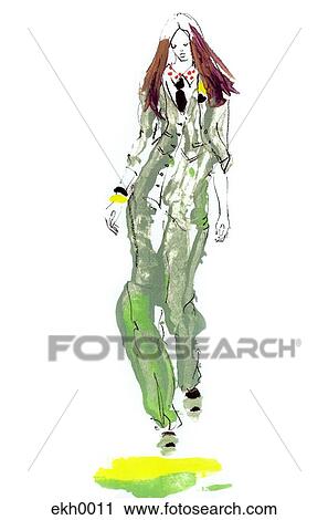 女性の歩くこと ファッション 滑走路 クリップアート Ekh0011 Fotosearch