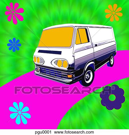 Clip Art - 60s style image of van and flowers. Fotosearch