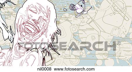 A 線画 の A 笑い 女 上に A バックグラウンドをパターン装飾した イラスト Nil0008 Fotosearch