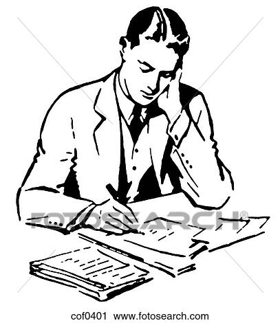 A 黒い そして白い ﾊﾞｰｼﾞｮﾝ の A グラフィック イラスト の A ビジネス男 一生懸命働く において 彼の 机 クリップアート Cof0401 Fotosearch