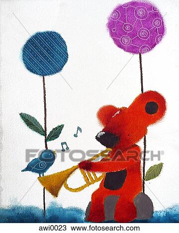 Drawing - A bear and bird playing music together. Fotosearch