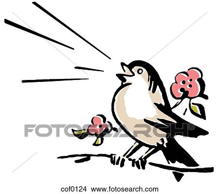 Stock Illustration - A bird sitting on a tree branch singing. Fotosearch