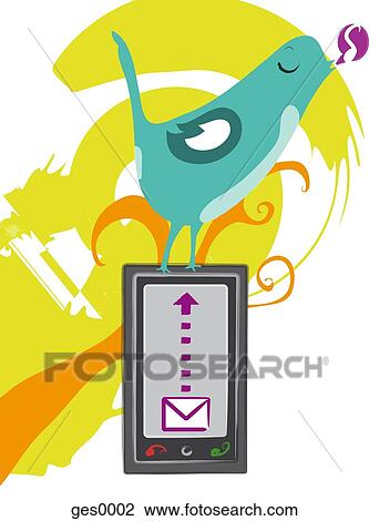 A bird sitting on top of a mobile phone tweeting View Large Illustration Drawing - A bird sitting on top of a mobile phone tweeting. Fotosearch