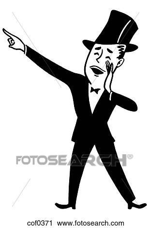 Clip Art - A black an white version of a cartoon style drawing of a man dressed in a top hat and tails making an announcement. Fotosearch