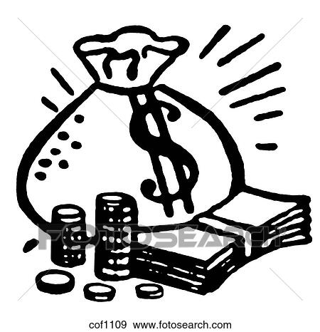 A black and white version of a bag and piles of cash View Large Illustration Stock Illustration - A black and white version of a bag and piles of cash. Fotosearch