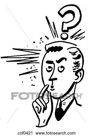 Clip Art - A black and white version of a cartoon style drawing of a businessman with a large question mark looming above. Fotosearch