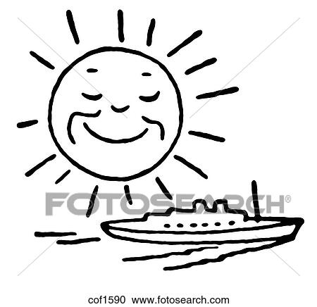 Clipart - A black and white version of a cartoon image of a smiling sun over a ship. Fotosearch