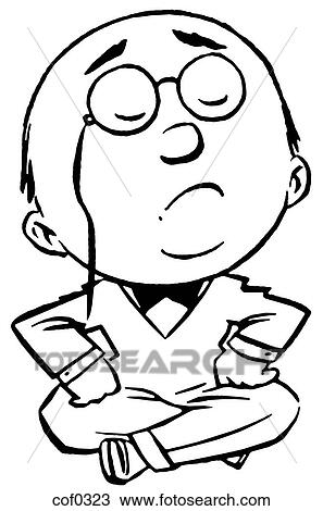 Drawing - A black and white version of a cartoon drawing of a distinguished look gentle man sitting cross legged on the floor. Fotosearch
