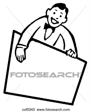 Drawing - A black and white version of a cartoon style drawing of a vendor holding a blank sign. Fotosearch