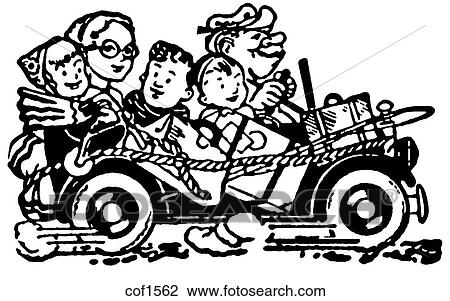 Drawing - A black and white version of a cartoon style image of a car packed full of family and bags set for vacation. Fotosearch