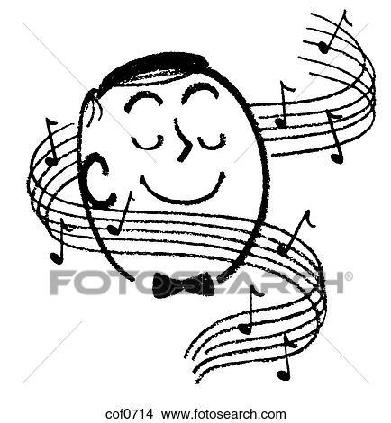 Stock Illustration - A black and white version of a cartoon style image of a man surrounded by musical notes. Fotosearch
