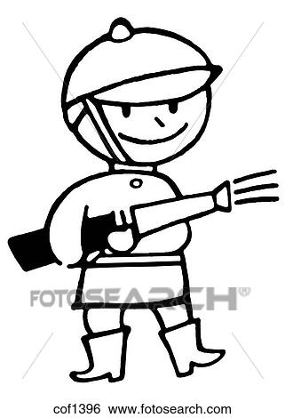 Stock Illustration - A black and white version of a cartoon style drawing of a fireman. Fotosearch