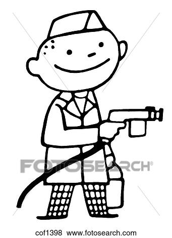 Stock Illustration - A black and white version of a cartoon style drawing of a man working as a car washer. Fotosearch