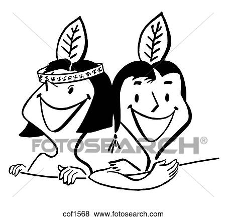 Stock Illustration - A black and white version of a cartoon style vintage illustration of two young children. Fotosearch