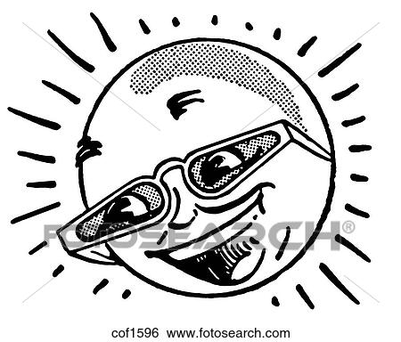 Stock Illustration - A black and white version of a cartoon image of a sun in glasses. Fotosearch
