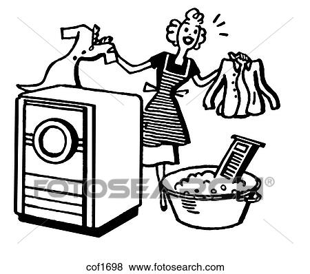 Stock Illustration - A black and white version of a cartoon style vintage illustration of a woman doing laundry. Fotosearch