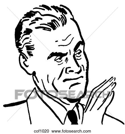 Clipart - A black and white version of a graphical print of a angry looking man. Fotosearch